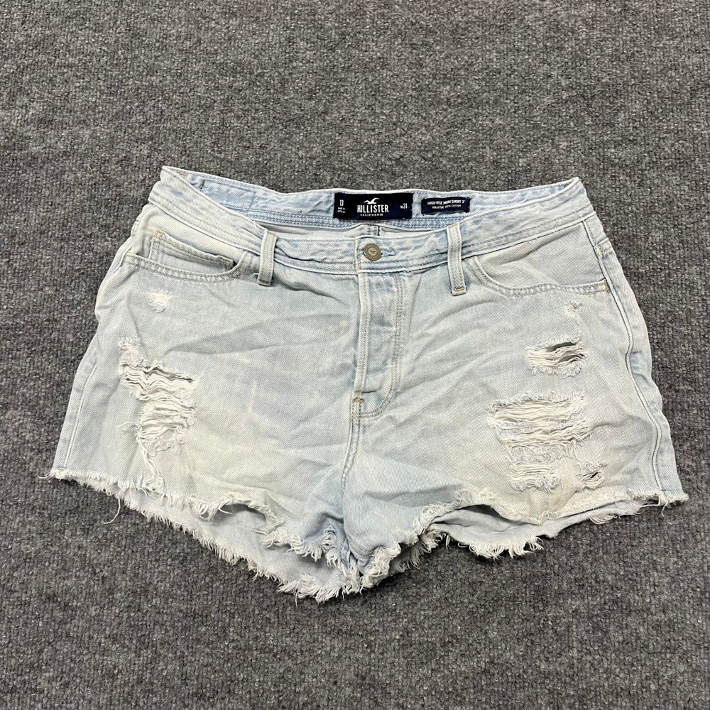 Hollister Denim Shorts Womens Size 13/31 Light Wash Distressed High Rise Mom 3"